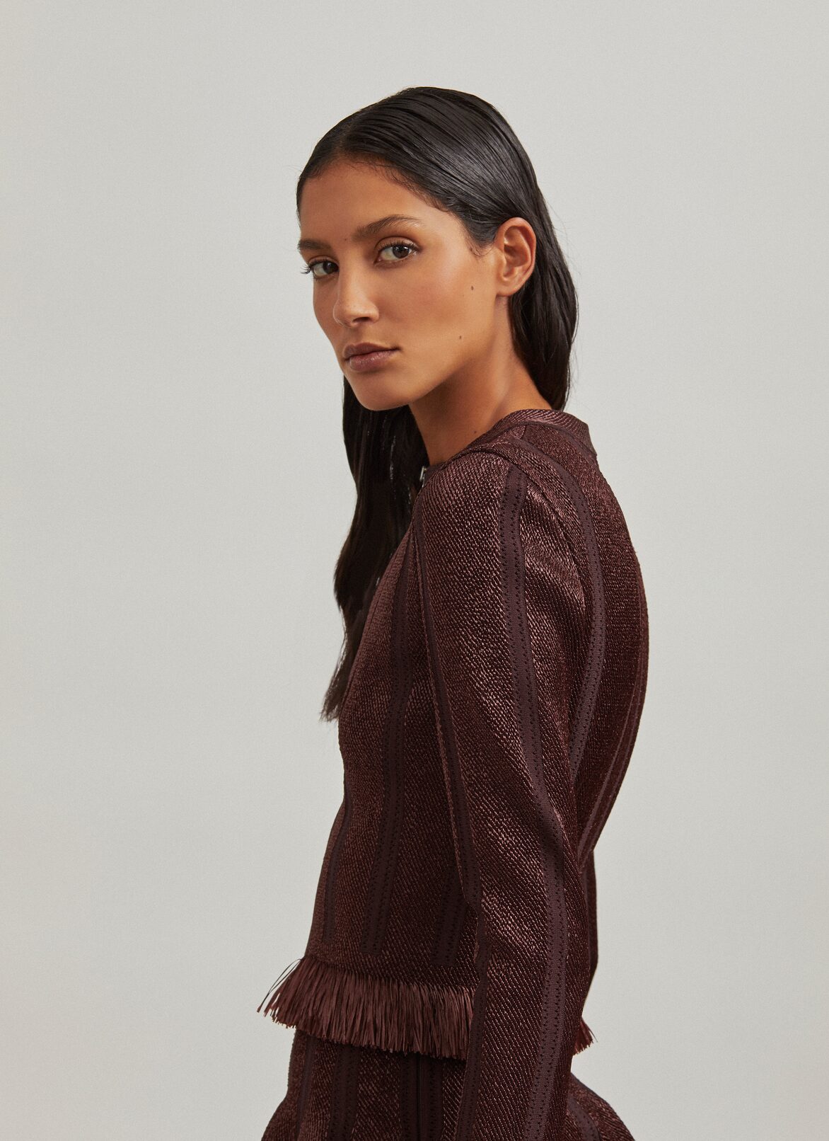 Fitted knit and raffia jacket ALAÏA CHOCOLATE FITTED KNIT AND RAFFIA JACKET